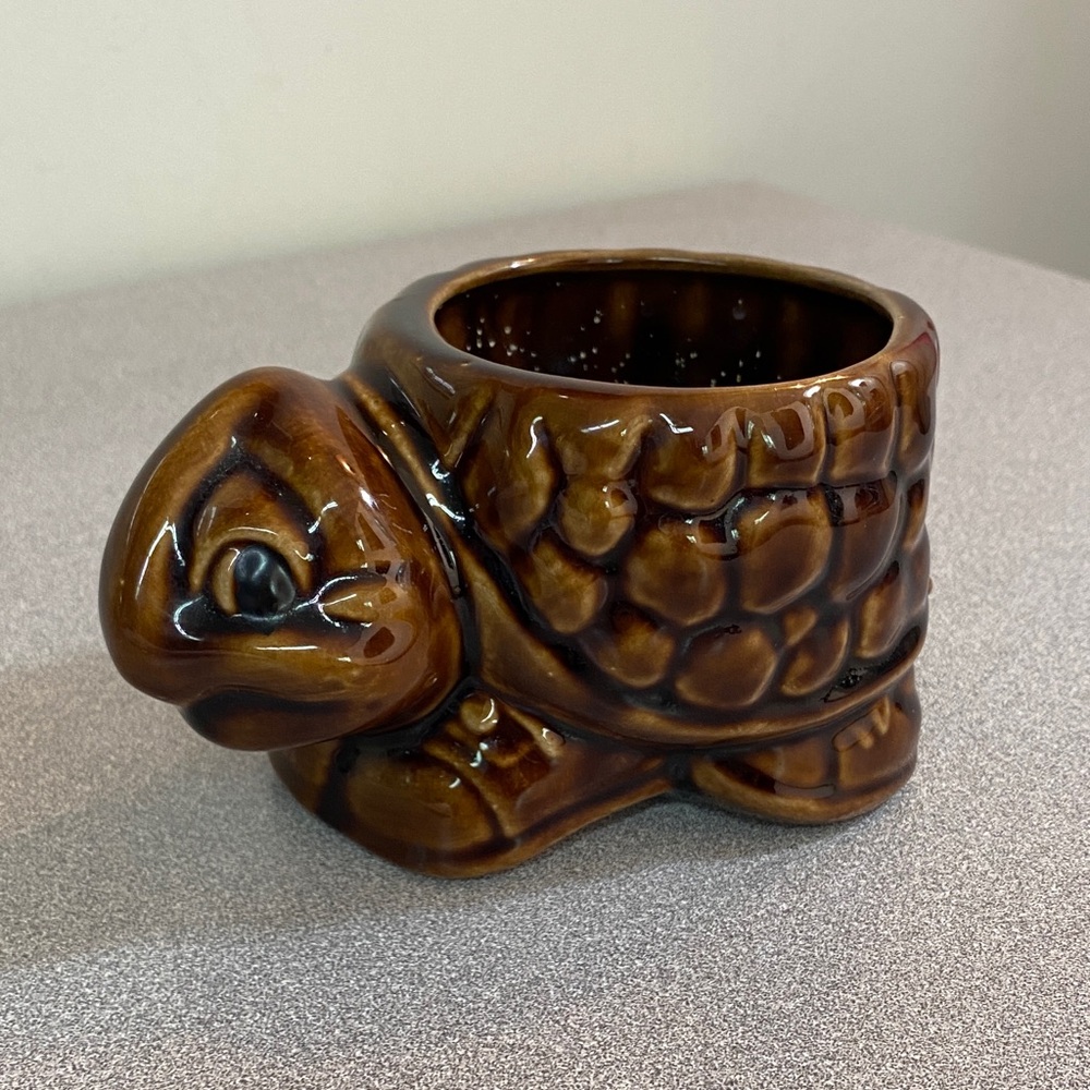 Vintage Brown Ceramic Turtle Planter